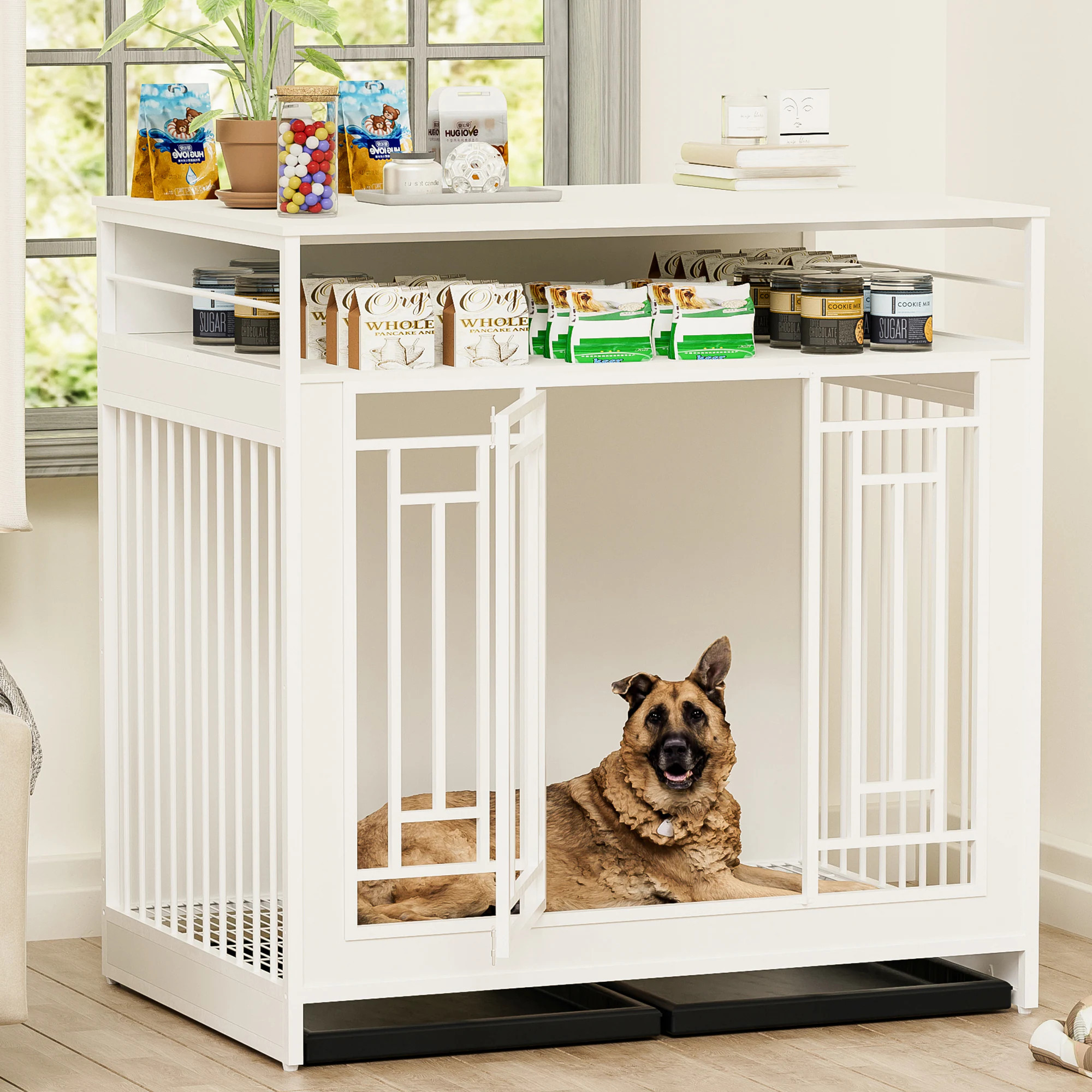 LUXEYARD 43.3 inch Dog Crate Furniture for Large Dogs Wooden Dog Crate with Divider Double Door Dog Kennel with Three Drawers Storages White | Lowe's