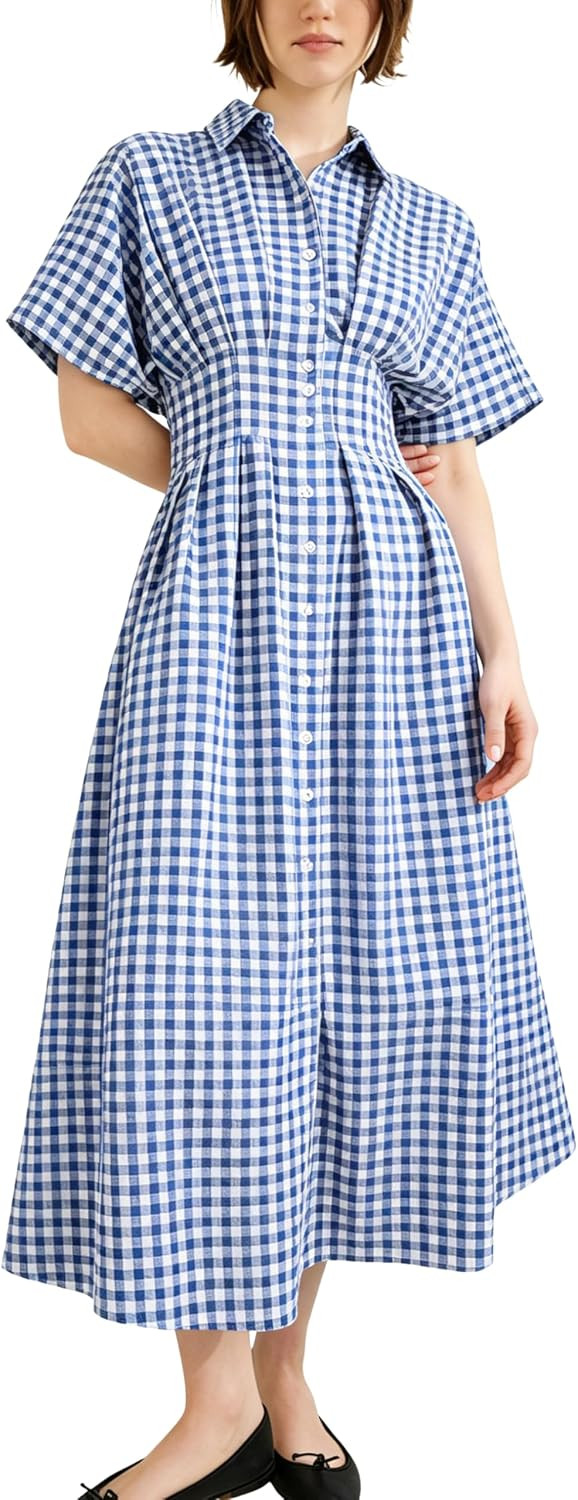 Yeokou Women Plaid Shirt Dress Short Sleeve Button Down Pleated Gingham A Line Maxi Dresses Casual Sundress with Pockets | Amazon (US)