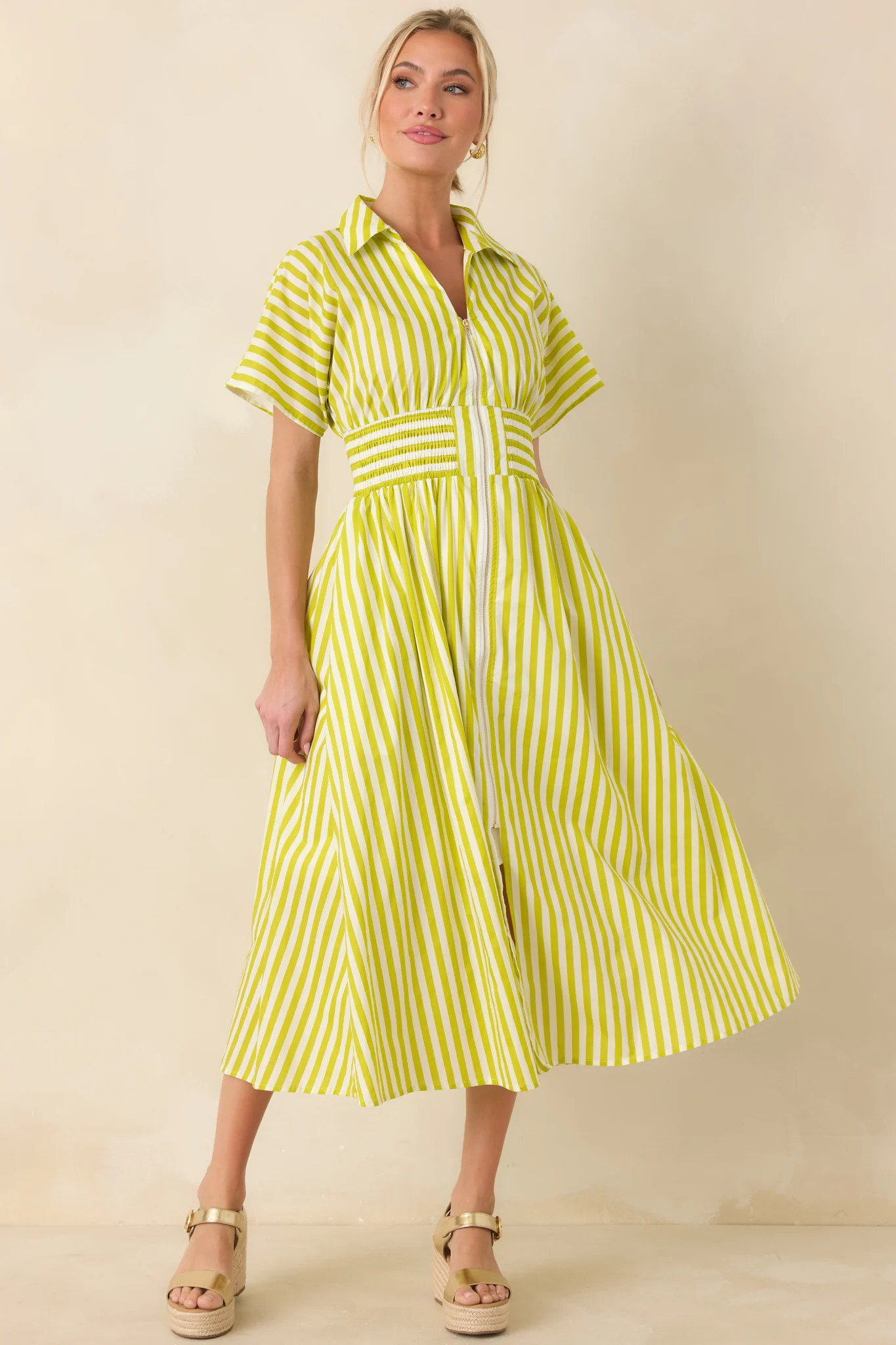 Put It in Motion Chartreuse Green Stripe Cotton Midi Dress | Red Dress