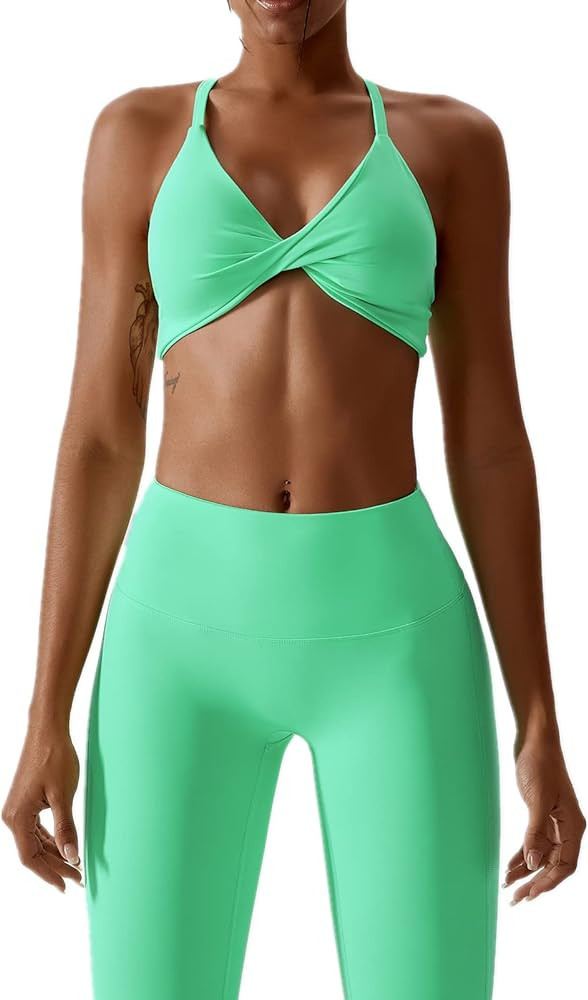 ABOCIW Workout Sets for Women Twist Front Halter Sports Bras High Waist Legging 2 Piece Exercise ... | Amazon (US)