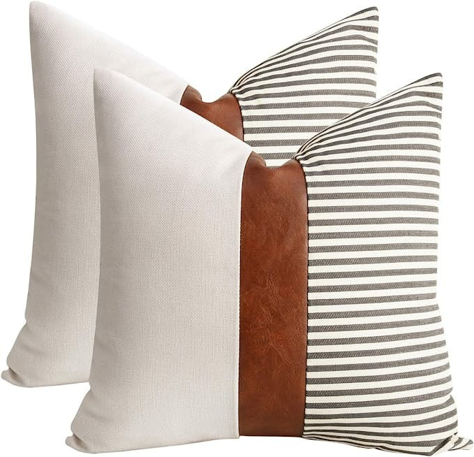 Amazon.com: cygnus Set of 2 Farmhouse Decor Stripe Patchwork Linen Throw Pillow Covers,Modern Tan... | Amazon (US)