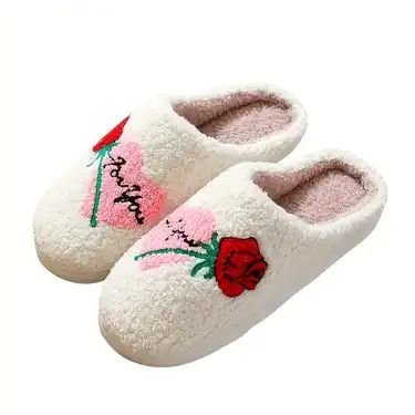 Heart & Letter Print Slippers, Soft Sole Platform Closed Toe Fuzzy Home Warm Shoes, Non-slip Plus... | Temu Affiliate Program