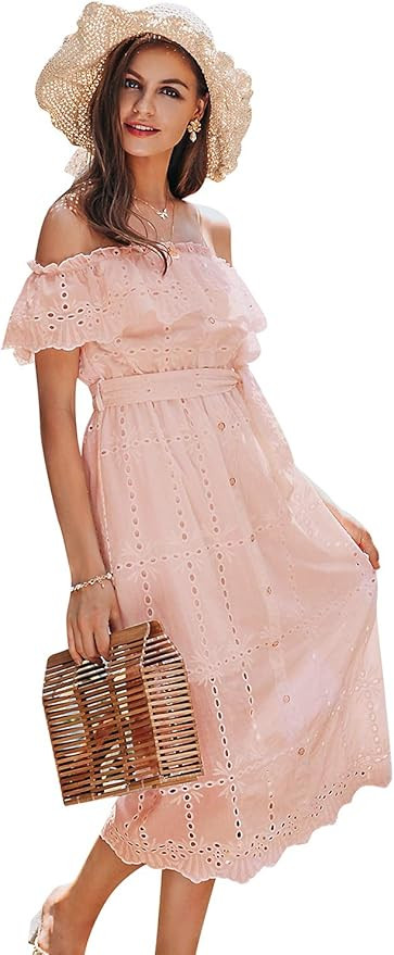 BerryGo Women's Boho White Beach Dress Embroidery Off Shoulder Ruffle Dress | Amazon (US)