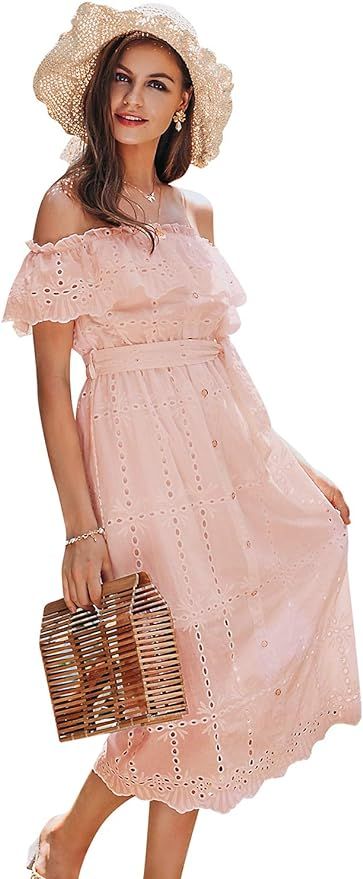 BerryGo Women's Boho White Beach Dress Embroidery Off Shoulder Ruffle Dress | Amazon (US)
