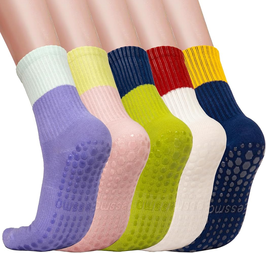 5 Pairs Grip Pilates Socks with Grip for Women, Non-slip Grippy Crew Socks for Yoga Barre Ballet ... | Amazon (US)