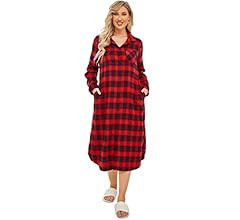 Ekouaer Women's Nightgown Plaid Flannel Warm Cotton Christmas Nightgown Sleep Shirt Button-Front ... | Amazon (US)