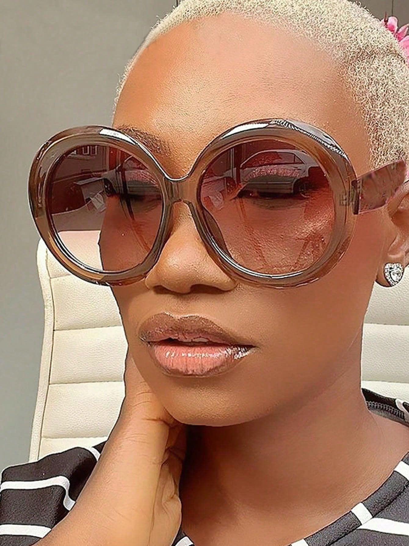 1pc Vintage Big Round Fashion Glasses Women Brown Frame Gradient Tea Lens Oversized Fashion Glass... | SHEIN