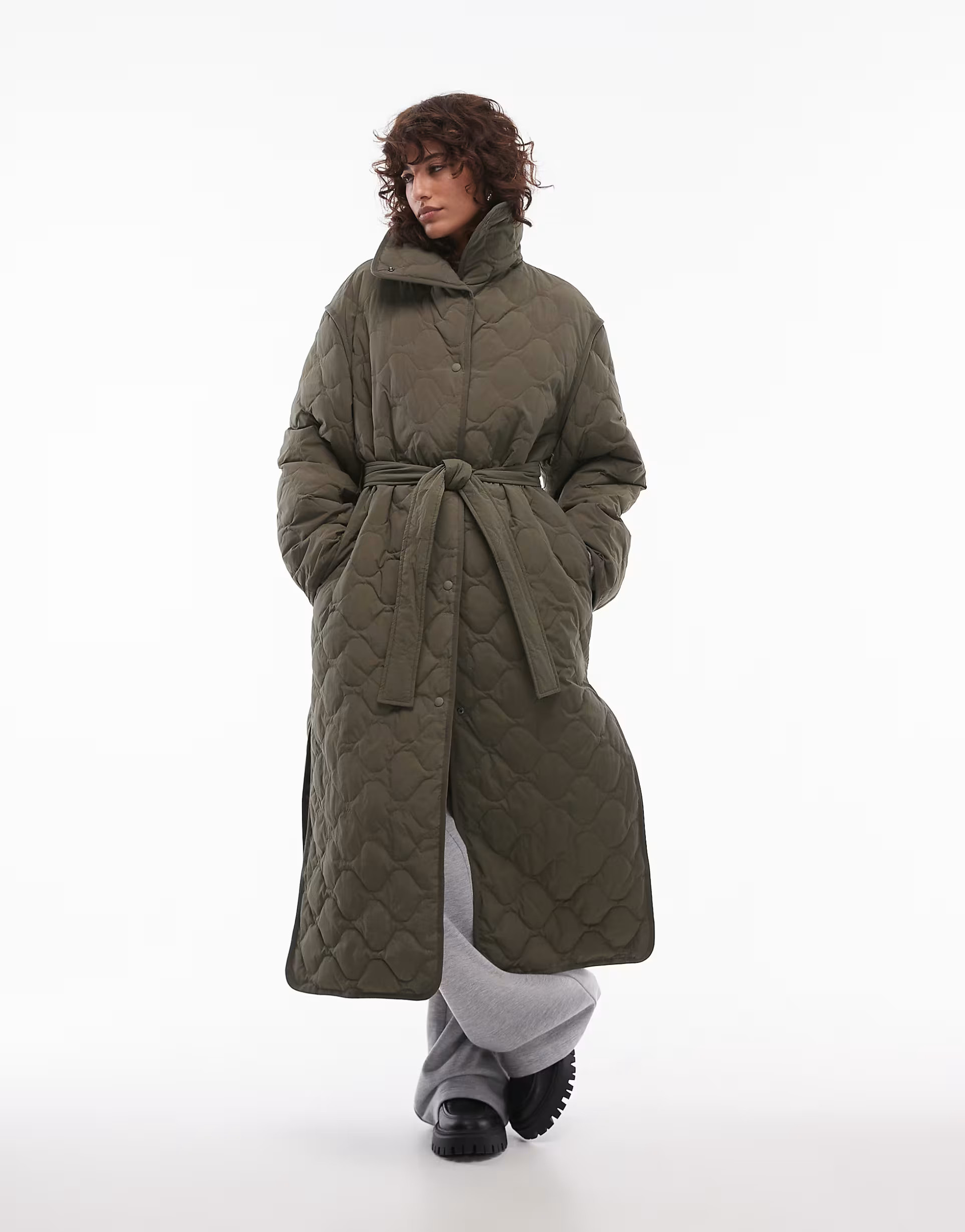 ARKET down quilted oversized midaxi coat with high neck and split sides in khaki | ASOS (Global)