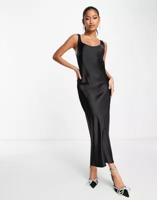 ASOS DESIGN scoop neck midi satin slip dress in black | ASOS (Global)