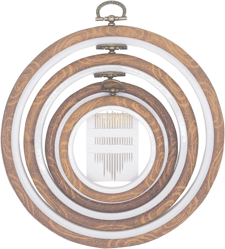 4 Pieces Embroidery Hoop Ring Plastic Cross Stitch Hoops Set Imitated Wood Display Frame Circle and Oval Embroidery Kits for Art Craft Sewing and Hanging,With 16pcs Gold Eye Sewing Needles | Amazon (US)