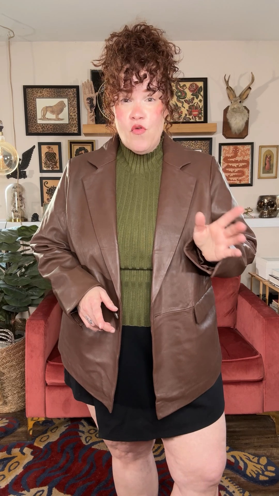 100% Leather Blazer 
Under $200
4 colors 
I’m a size 16/18 wearing a 1X