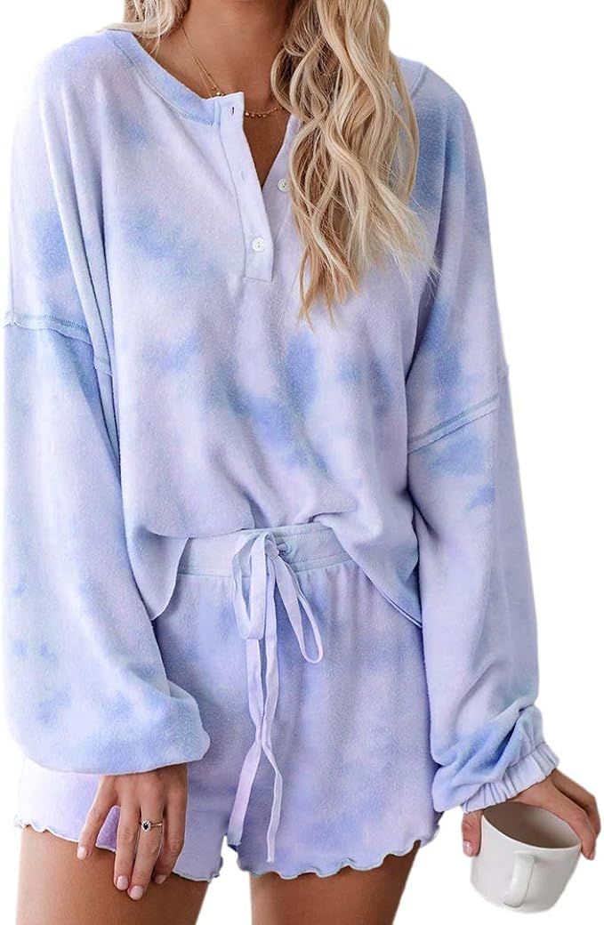 Yobecho Womens Tie Dye Print Long Sleeve Loungewear Nightwear Soft 2 Piece Short Pajamas Set | Amazon (US)
