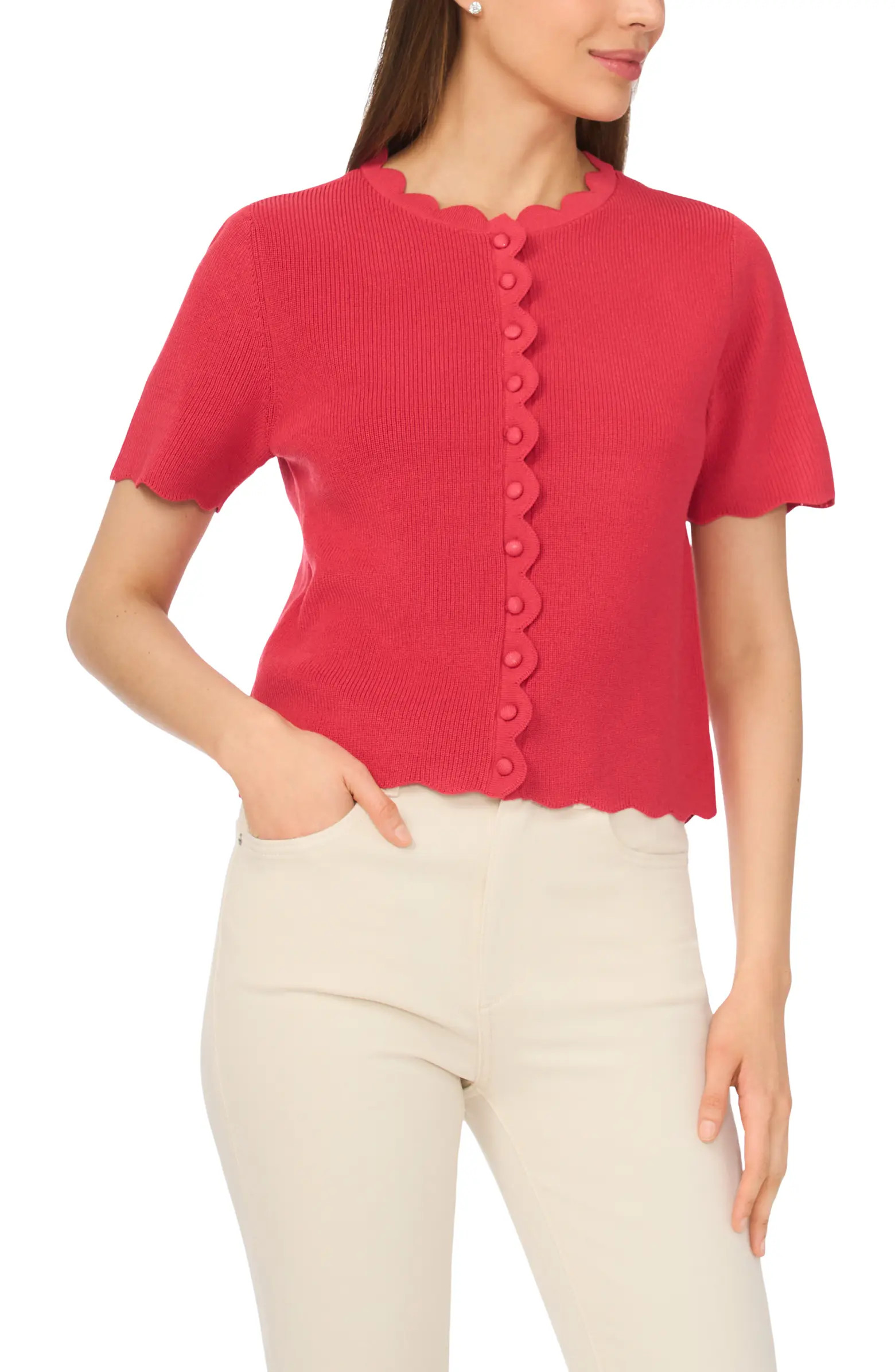 CeCe Scallop Edge Short Sleeve Cardigan | Nordstrom | Nordstrom