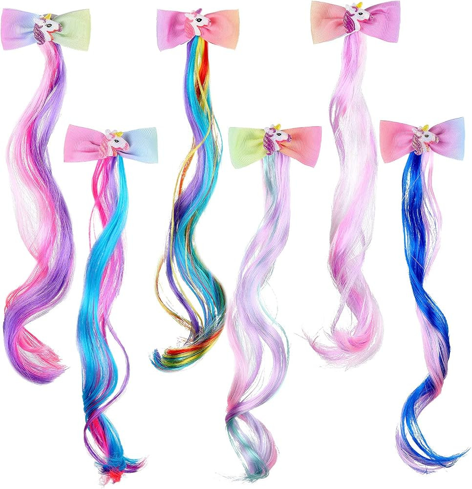 Waydress 6 Color Unicorn Bow Clip with Colored Hair Extension Glitter Butterfly Hair Clip Wigs Cr... | Amazon (US)