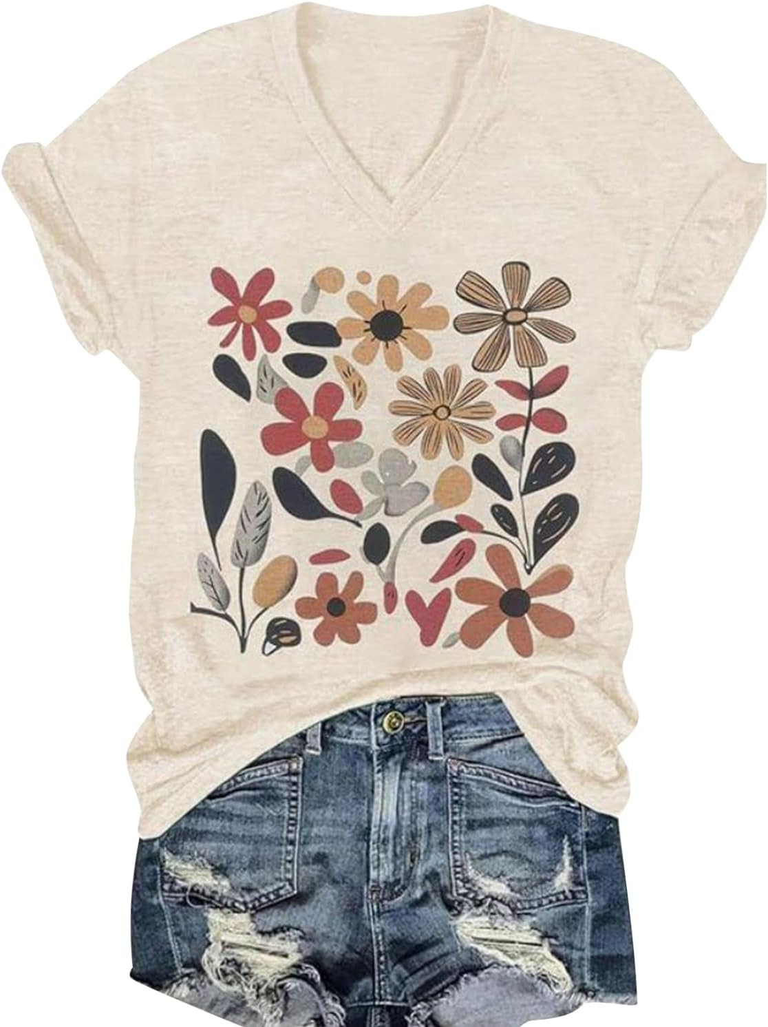 Womens Vintage Flowers V Neck Shirt Boho Floral Wildflowers Graphic Tee Casual Short Sleeve T Shirt | Amazon (US)