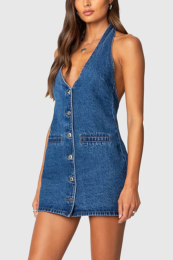 Edikted Destinee Denim Halter Mini Dress in Blue/Washed, Women's at Urban Outfitters | Urban Outfitters (US and RoW)