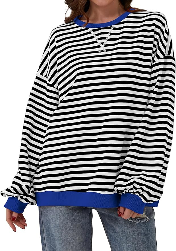 TERIVEEK Women Oversized Striped Color Block Long Sleeve Crew Neck Sweatshirt Casual Loose Pullov... | Amazon (US)
