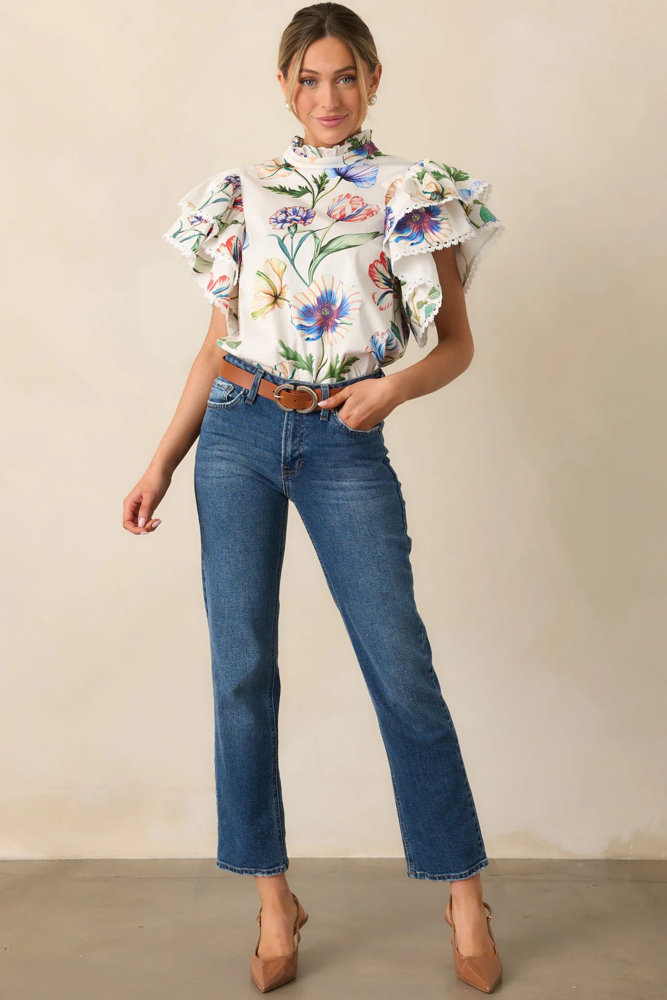 Prosperina Blair Ivory Multi Floral Print Cotton Ruffle Top | Red Dress