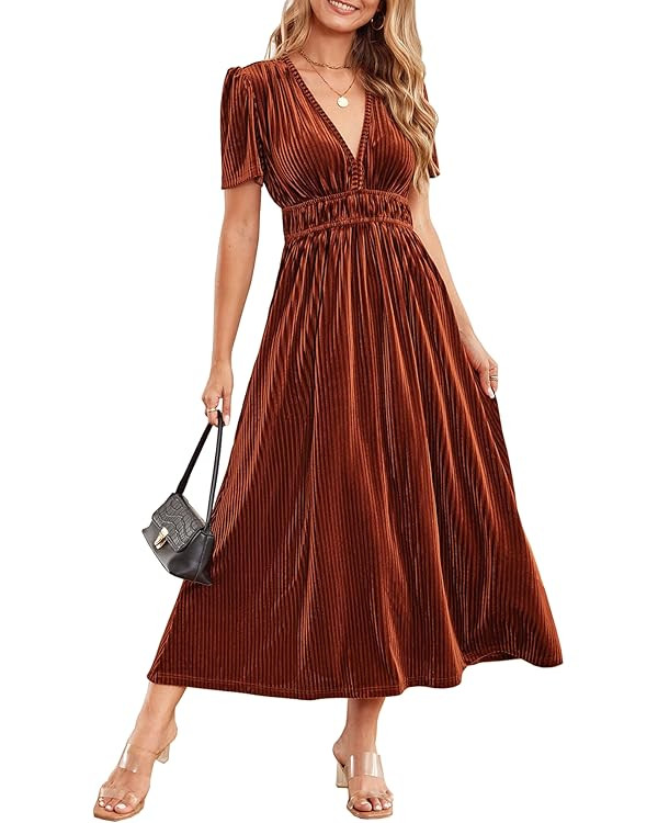 Sissyaki Women's Retro V-Neck Velvet Maxi Dress Wedding Guest Formal Party Long Dresses | Amazon (US)