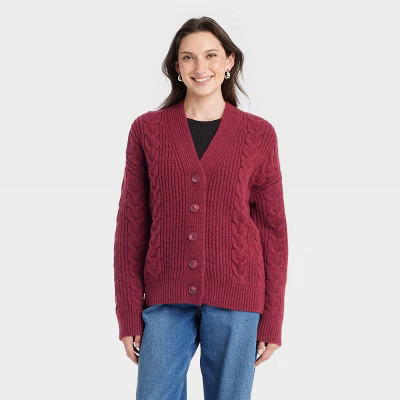 Women's Cozy Knit Cable Stitch Cardigan - Universal Thread™ Maroon L | Target