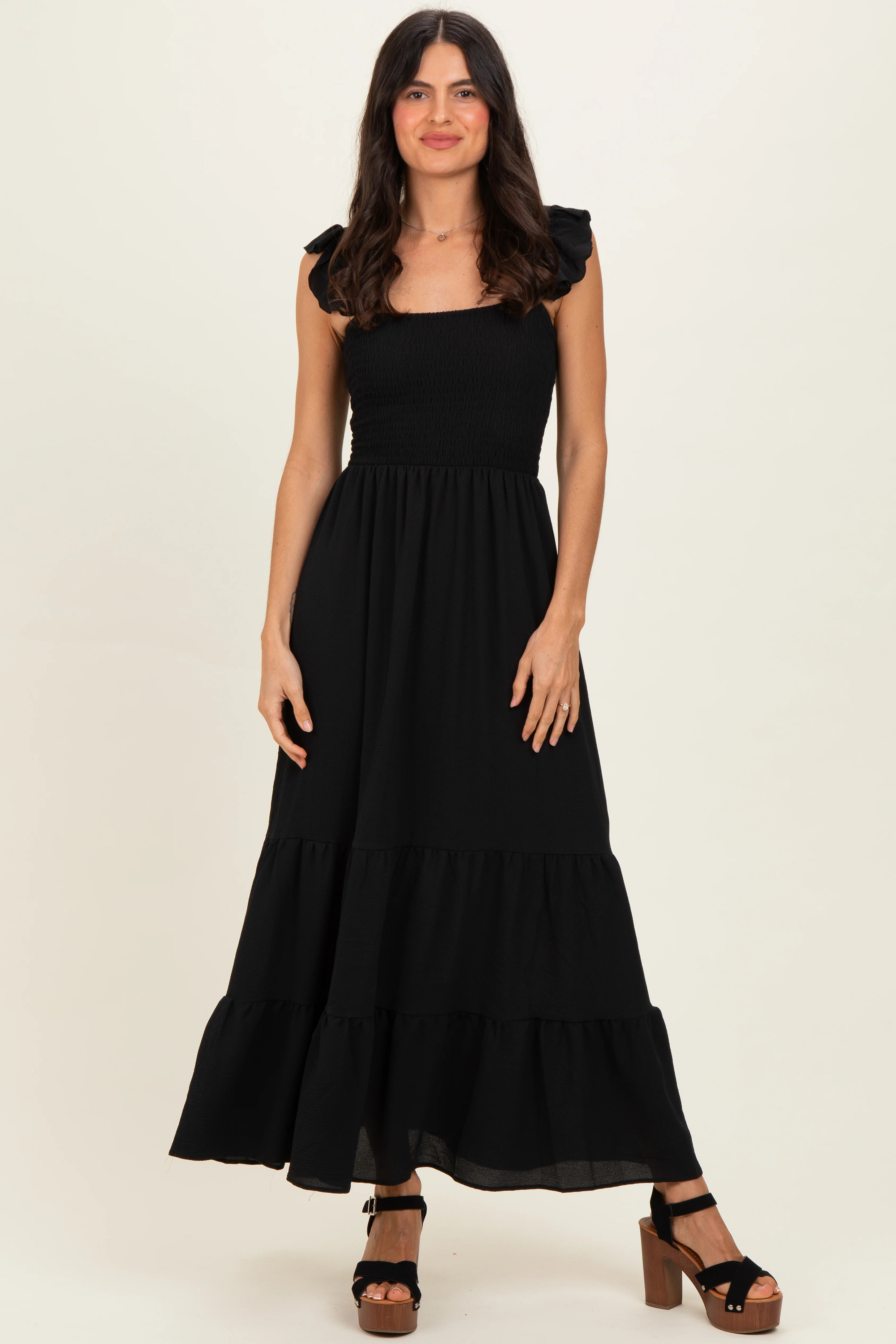 Black Ruffle Strap Smocked Maxi Dress - Small | PinkBlush Maternity