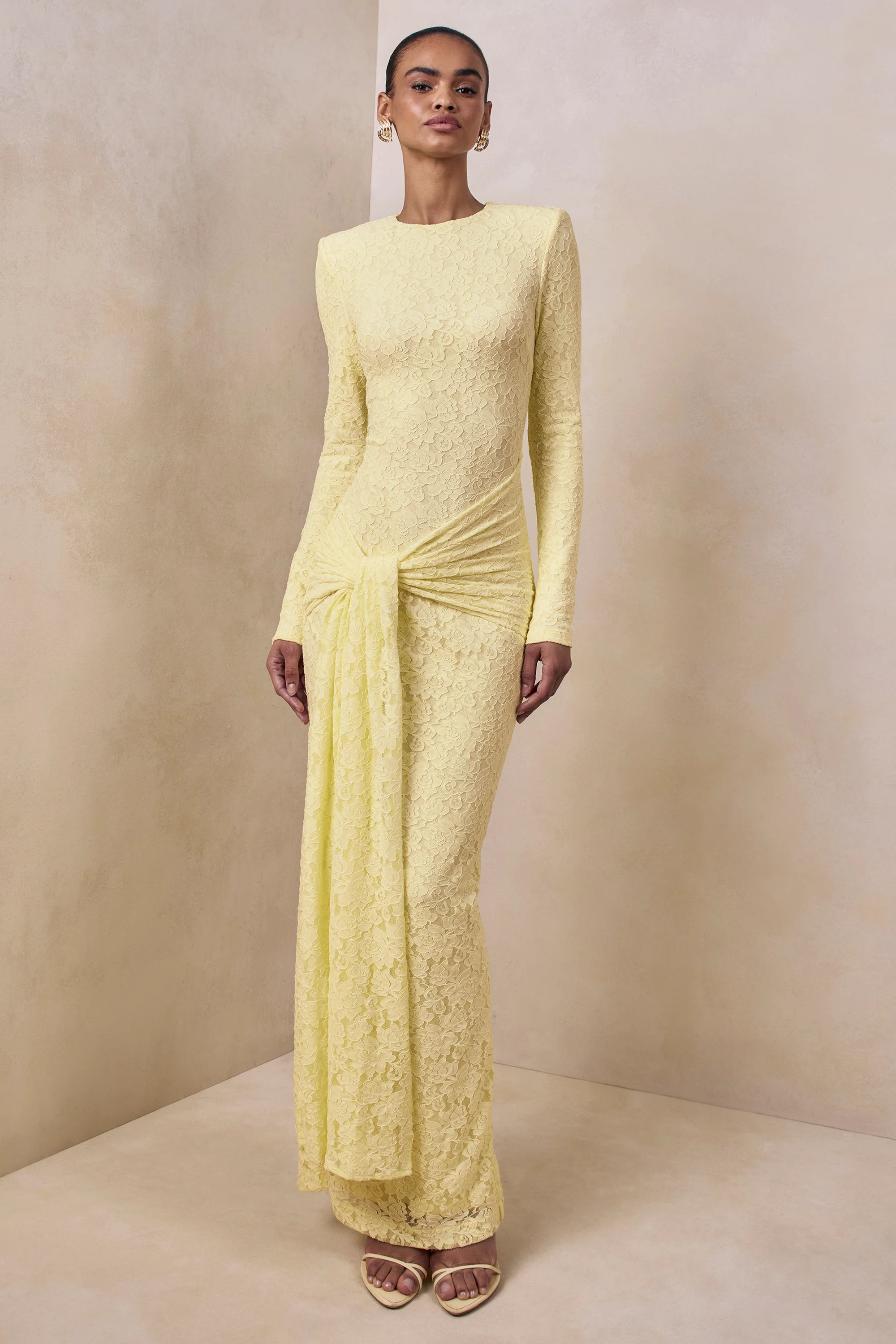 Evangela | Lemon Lace Crew-Neck Maxi Dress With Wrap-Detail | Club L London