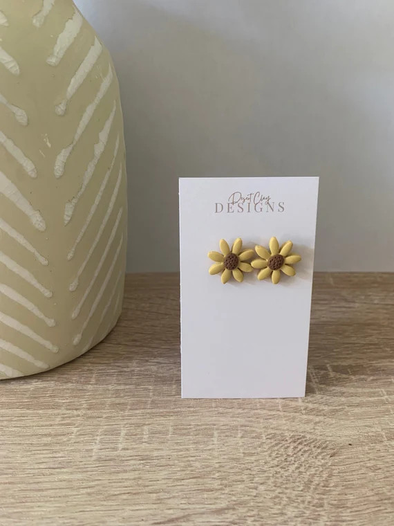 Sunflower Studs | Polymer Clay Earrings | Summer Earrings | Sunflower| Boho | Neutral Earrings | ... | Etsy (US)