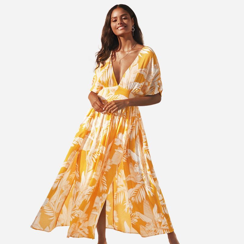 Women's Short Sleeve Yellow Leafy V Neck Elastic Waisted Maxi Dress - Cupshe | Target