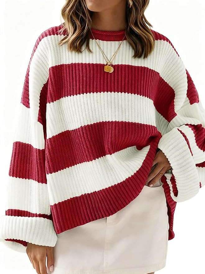Women's Striped Knitted Pullover Crew Neck Fall Winter Sweater Long Sleeve Color Block Jumper | Amazon (US)