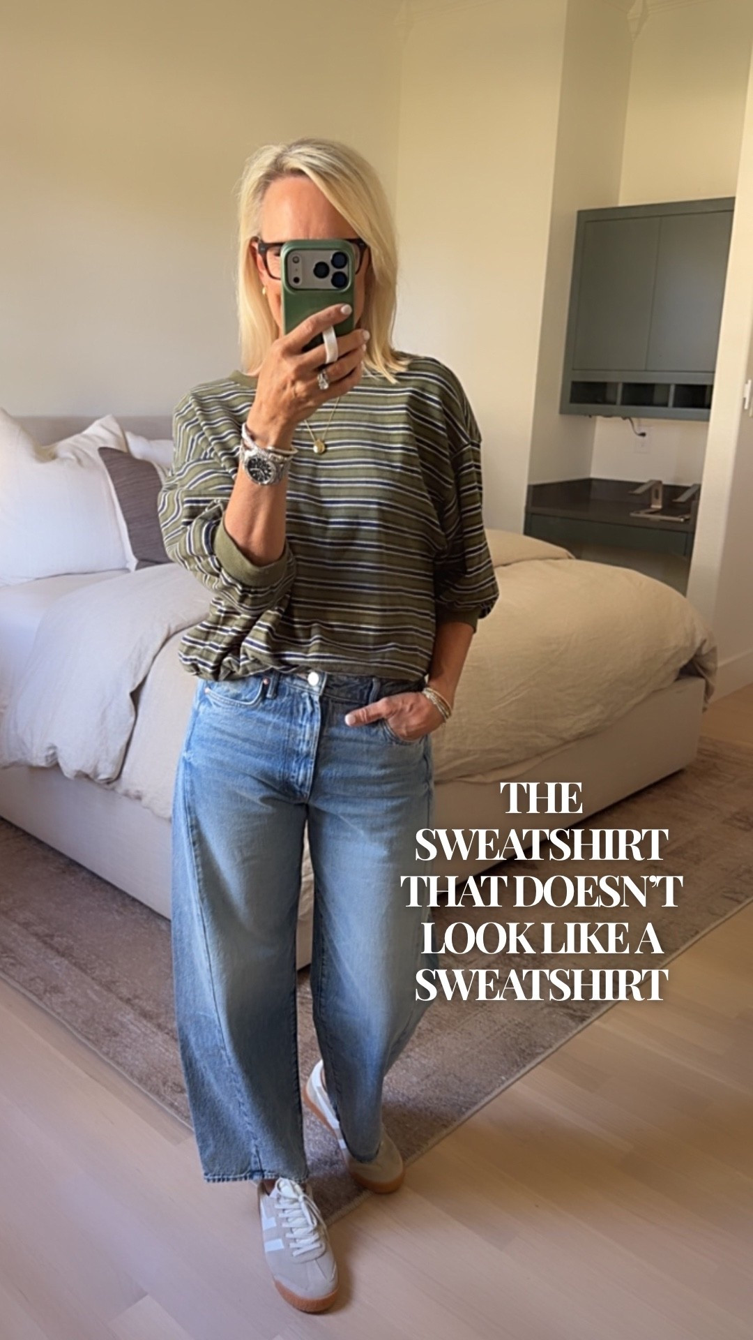 It’s a sweatshirt, but the pattern and three-quarter sleeves make it feel a little more elevated than a basic pullover. I love how easily it works with jeans and sneakers for an everyday look, but I could also see it with trousers or wide-leg pants when you want something a bit more polished.

I’m wearing a small, true to size.

#LTKootd #LTKOver40 #LTKgrwm