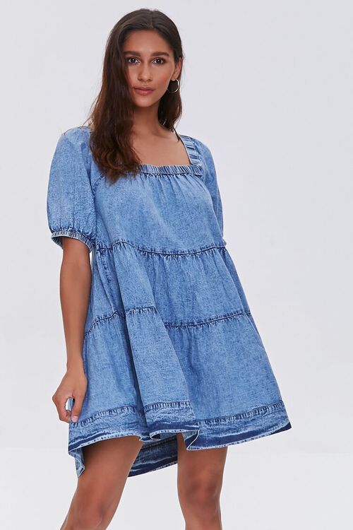 Tiered Chambray Puff-Sleeve Dress | Forever 21 (US)