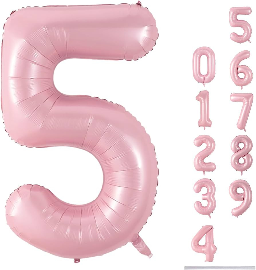 Light Pink Balloon Number 5, 40 Inch Large Self Inflating Foil Number Balloons 0-9, Pastel Pink D... | Amazon (US)