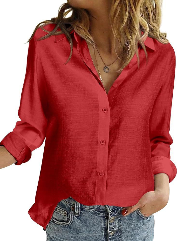 Women’s Linen Button Down Work Shirts Long Sleeve Solid Blouses | Amazon (US)