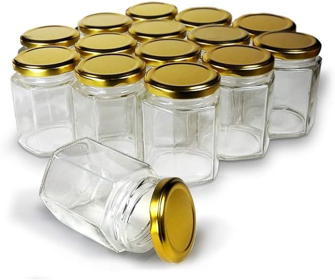 Hexagon Jars Gold Lid (15pcs, 6.0 oz) Hexagon Glass Jars with Gold Plastisol Lined Lids for Jam H... | Amazon (US)