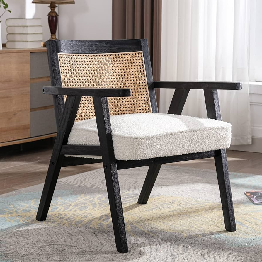 Guyou Modern Rattan Arm Chair, Living Room Accent Chair with Rattan Back Faux Fur Seat, Retro Liv... | Amazon (US)