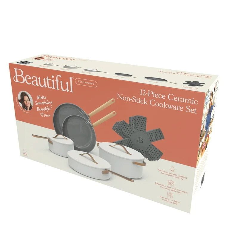Beautiful 12pc Ceramic Non-Stick Cookware Set, White Icing by Drew Barrymore | Walmart (US)