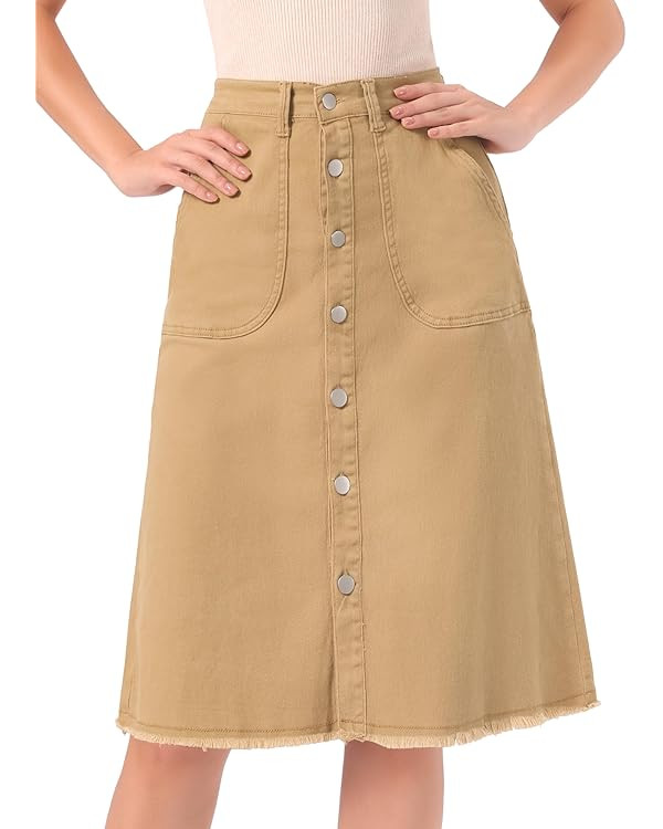 Allegra K Women's Denim Skirts Button Down Raw Hem Casual A-Line Midi Jean Skirt Medium Brown at ... | Amazon (US)