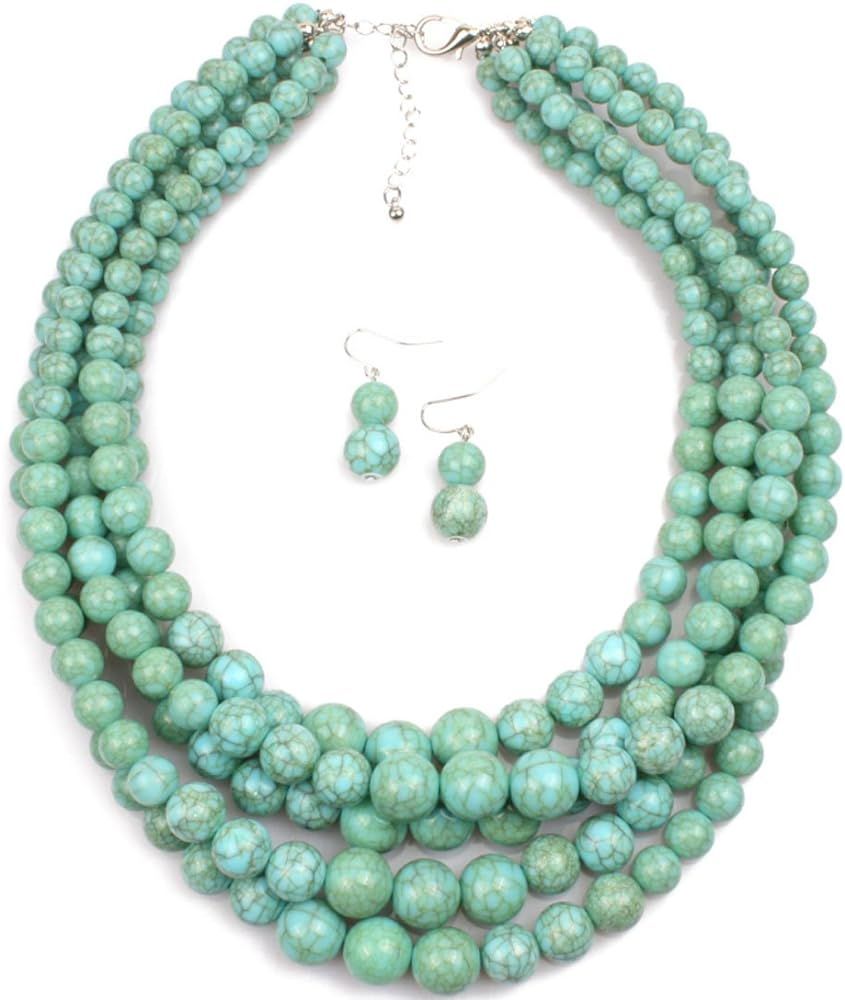 Shineland Elegant 5-Layered Strands Crack Turquoise Stone-simulated Pearl Beads Necklace Earrings Se | Amazon (US)