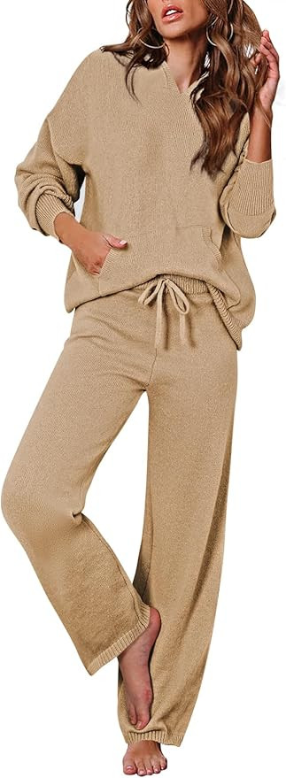 Viottiset Women's 2 Piece Outfits Sweater Set Long Sleeve Hoodies With Pocket Wide Leg Pants Loun... | Amazon (US)