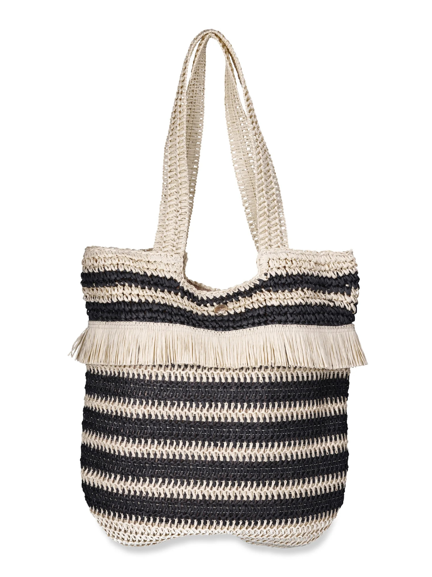 Time & Tru Women's Fringed Woven Straw Tote Bag, Natural/Black Stripe | Walmart (US)
