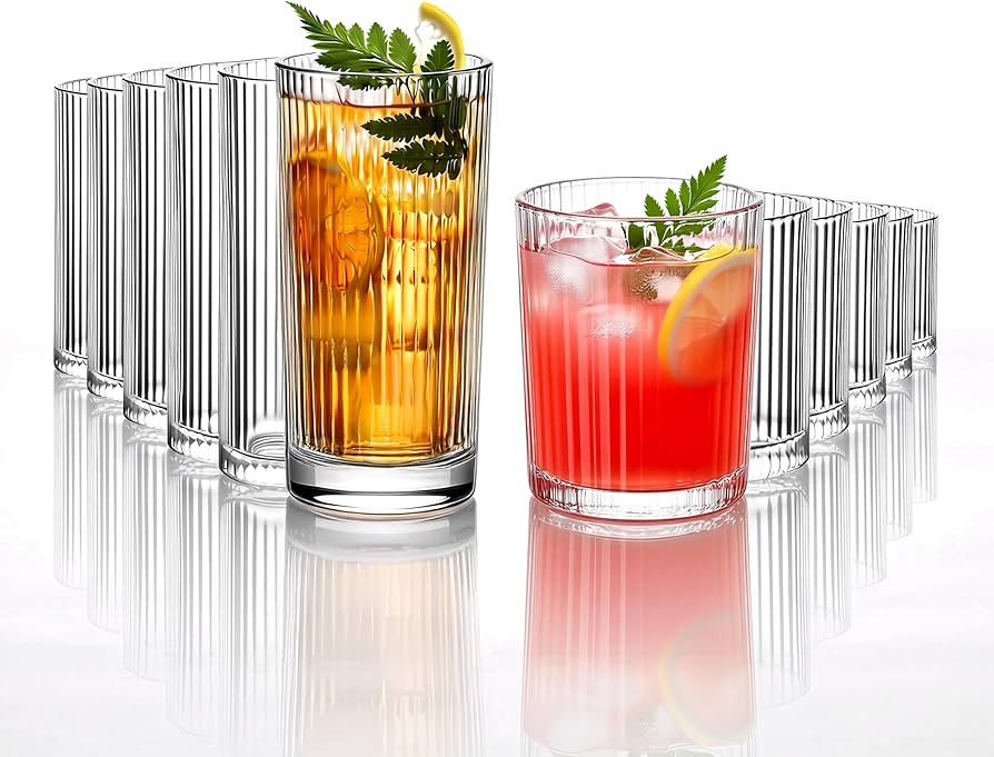 12PCS Ribbed Drinking Glasses - 6 Highball Glasses 8oz\uff0c 6 Rocks Glass Cups 11oz\uff0c Ribbed... | Amazon (US)