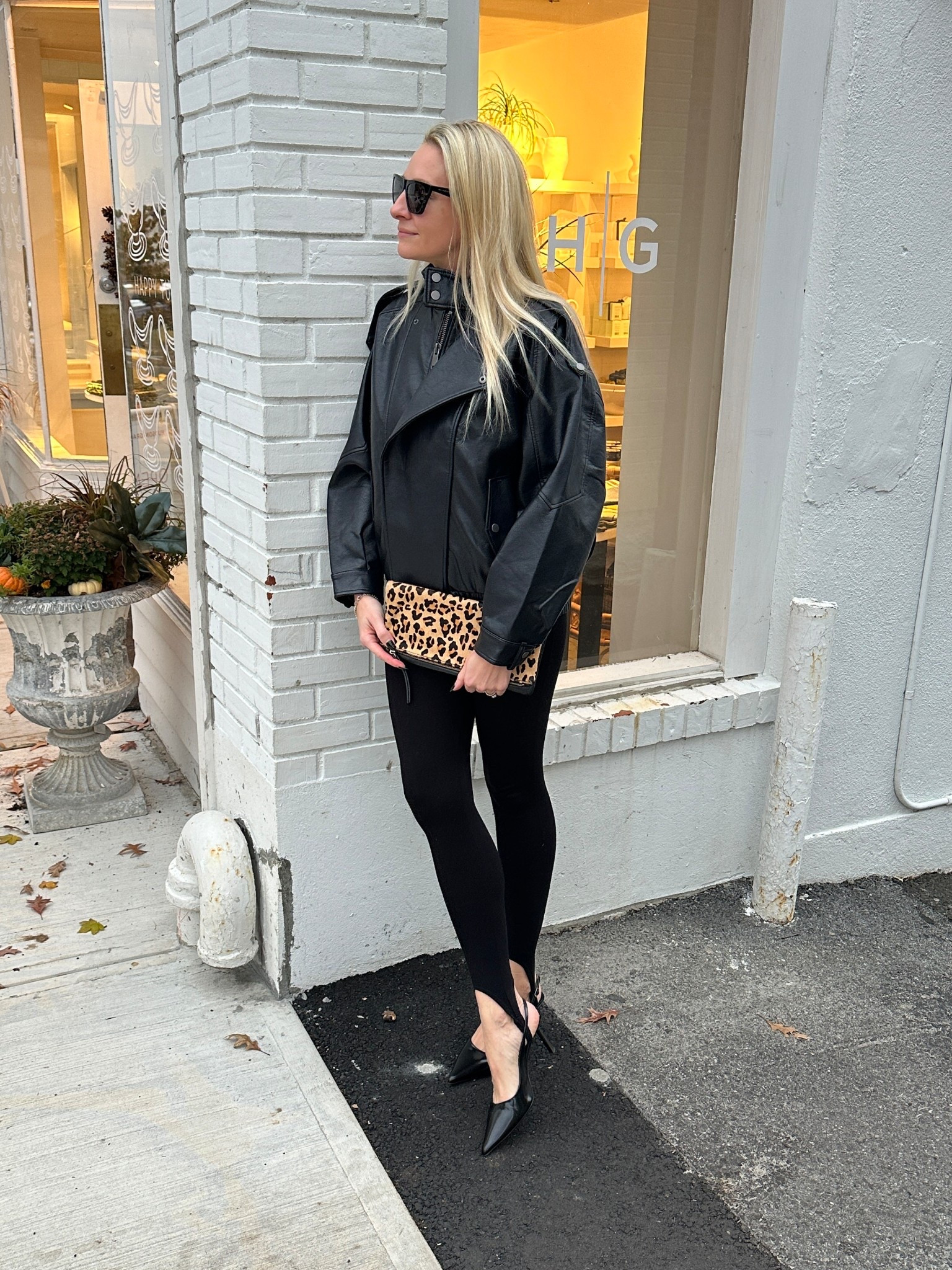 Winter outfits
Fall outfits
Winter outfit ideas
Faux black leather jacket
Stirrup leggings
Sling back heels
Leopard print clutch
Sunglasses
Holiday gifts for her

#LTKGiftGuide #LTKSeasonal #LTKootd
