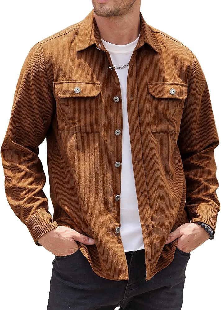Men's Corduroy Jacket Button Down Shirts Casual Long Sleeve Shacket Jackets with Flap Pockets | Amazon (US)