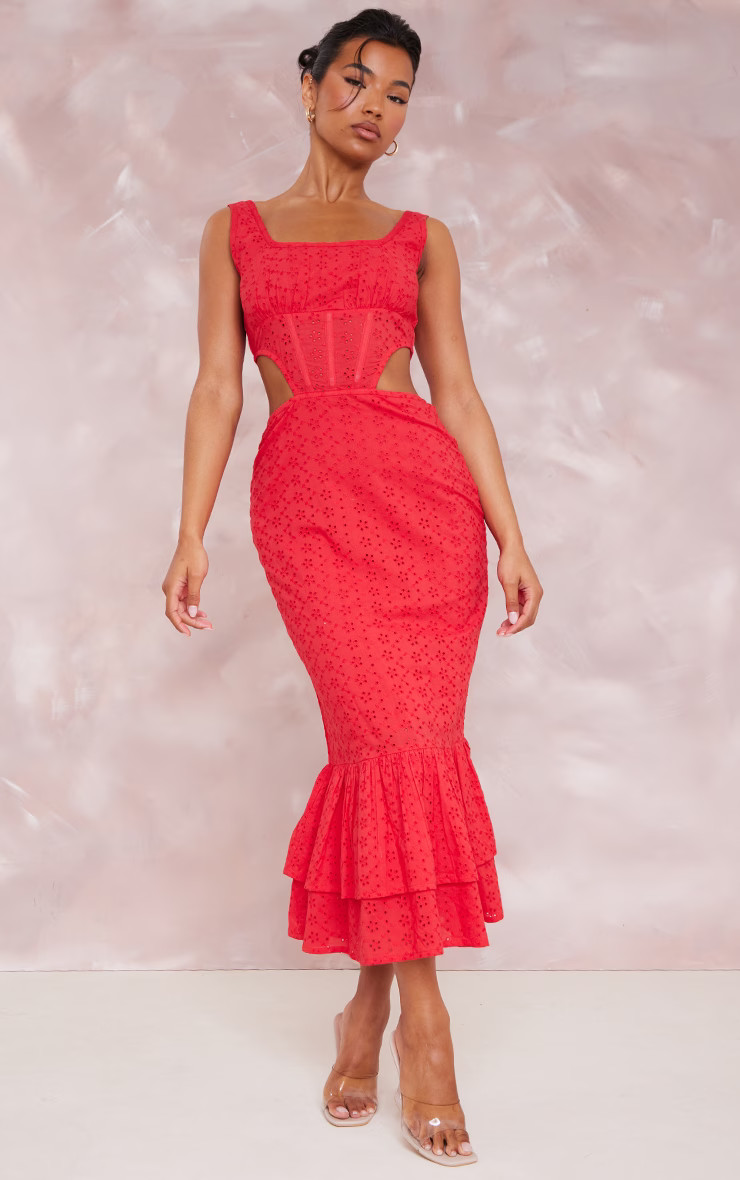 Red Broderie Anglaise Corset Detail Tiered Midaxi Dresss | PrettyLittleThing US