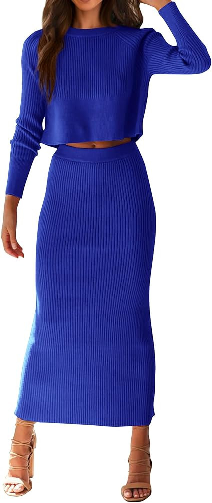 PRETTYGARDEN Women's Winter 2 Piece Sweater Set Rib Knit Long Sleeve Crop Top Maxi Bodycon Skirt ... | Amazon (US)