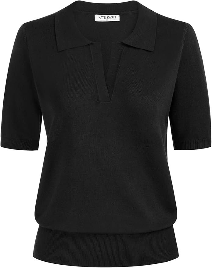 Kate Kasin Women Short Sleeve Polo Sweater V Neck Knitted Tops Casual Ribbed Shirt Loose Pullover... | Amazon (US)