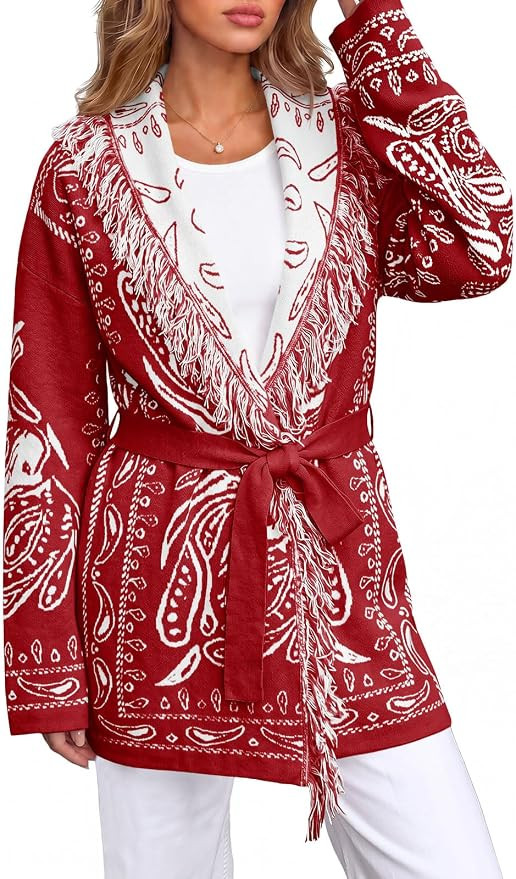 Saodimallsu Womens Fall Tassel Shawl Collar Cardigan Paisley Wrap Sweaters | Amazon (US)