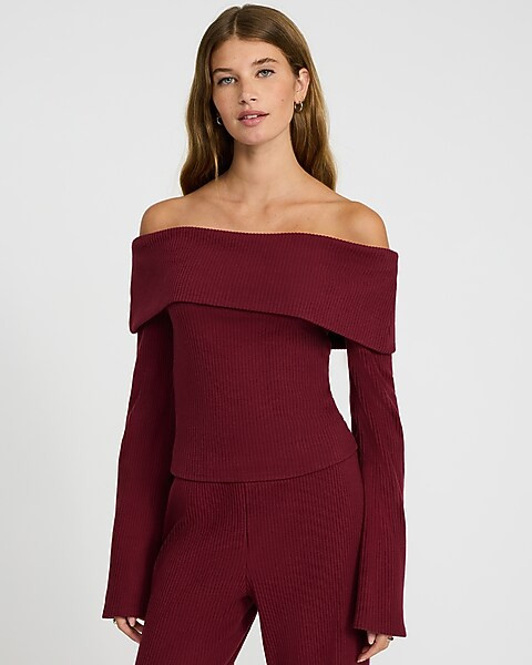 Cozy Ribbed Fold Over Off The Shoulder Long Sleeve Tee | Express