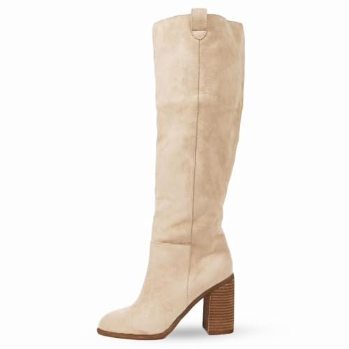 Erocalli Knee High Boots Women Faux Suede Beige Fall Chunky Heel Side Zipper Stretch Winter Boot Fashion Slouch Tall Long | Amazon (US)