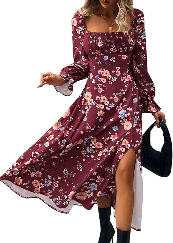 Relipop Women's Long Sleeve Maxi Dress 2024 Fall Casual Square Neck High Waist Boho Floral Split ... | Amazon (US)